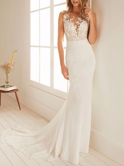 Mermaid Sleeveless Court Train 100D Chiffon Bridal Dress With Lace