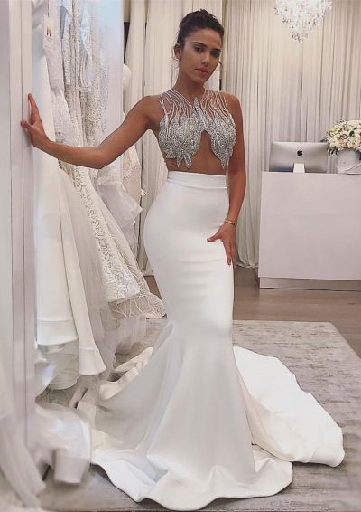 Mermaid Sleeveless Sweep / Brush Train Wedding Gown With Beading