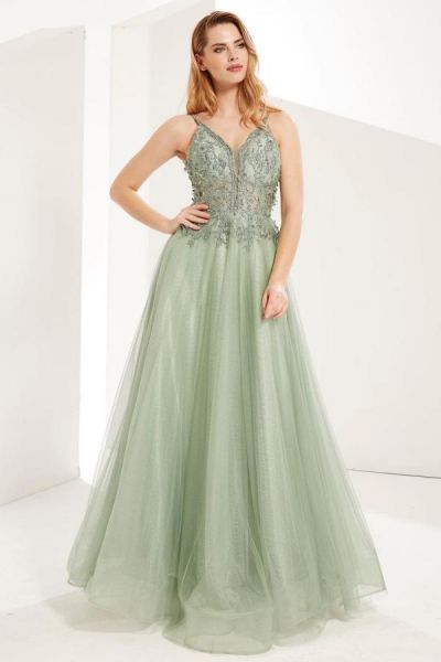A-line Spaghetti Straps Sleeveless Floor-length Tulle Evening Dress With Lace