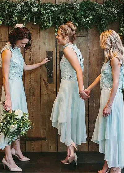 Sheath High Neck Sleeveless Hi-Lo Bridesmaid Attire With Lace