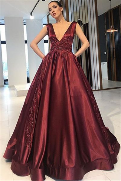 A-line V-neck Sleeveless Floor-length Evening Gown With Appliques