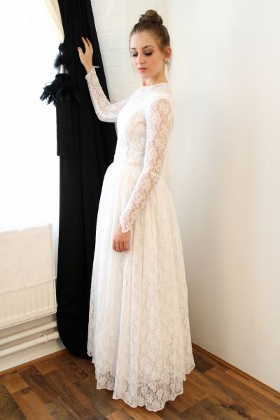 White A-Line Wedding Dress with  Lace and Long Sleeves