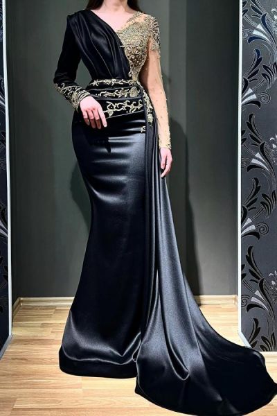 Mermaid Jewel Neck Long Sleeves Floor-length Stretch Satin Evening Dress With Ruffles