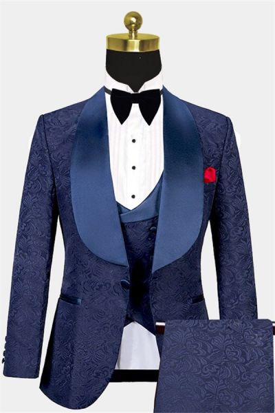 Navy Blue Bespoke Jacquard Three-Piece Tuxedo