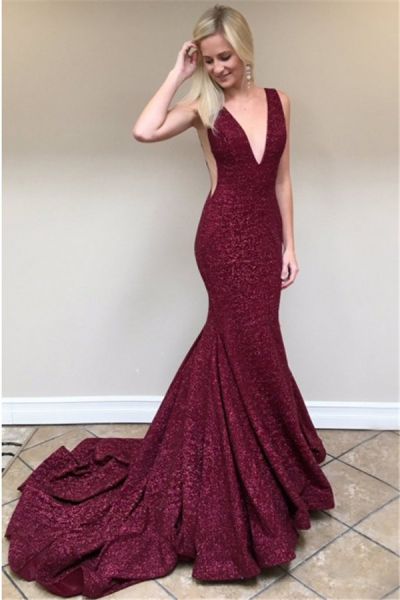Mermaid V-neck Sleeveless Sweep / Brush Train Evening Dress With Sequins