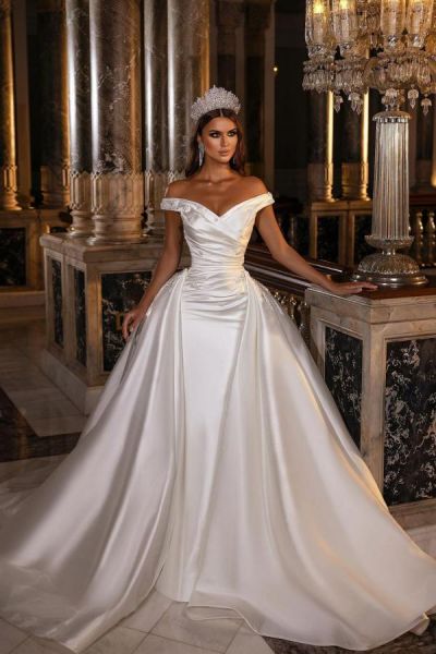A-line Off-the-shoulder Long Sleeves Chapel Train Satin Bridal Gown With Appliques