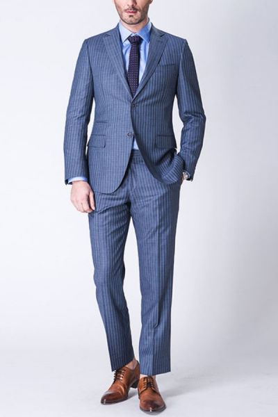 Blue Two Piece Wool Blend Men's Business Suit with Amari  Stripes