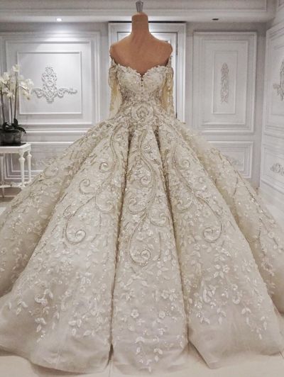 Ball Gown Off-the-shoulder Long Sleeves Chapel Train Bridal Dress With Lace