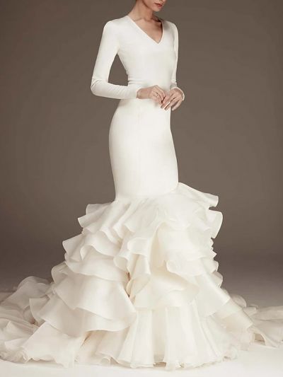 Mermaid V-neck Long Sleeves Sweep / Brush Train Tulle Wedding Dress With Buttons