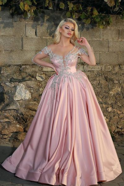 Ball Gown V-neck Long Sleeves Sweep / Brush Train Satin Evening Gown With Rhinestone