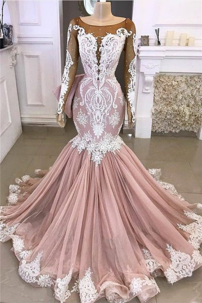 Mermaid Scoop Neck Long Sleeves Sweep / Brush Train Formal Dress With Lace