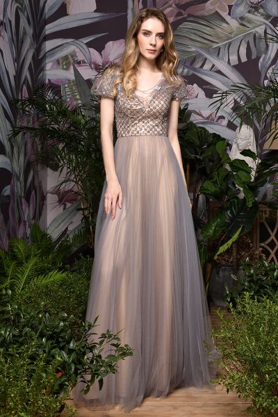A-line V-neck Short Sleeves Floor-length Tulle Formal Dress With Sequins