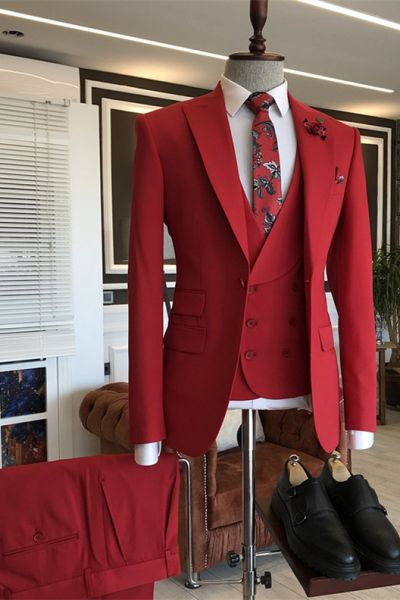 Red Three Pieces Peaked Lapel Men's Suit for Prom