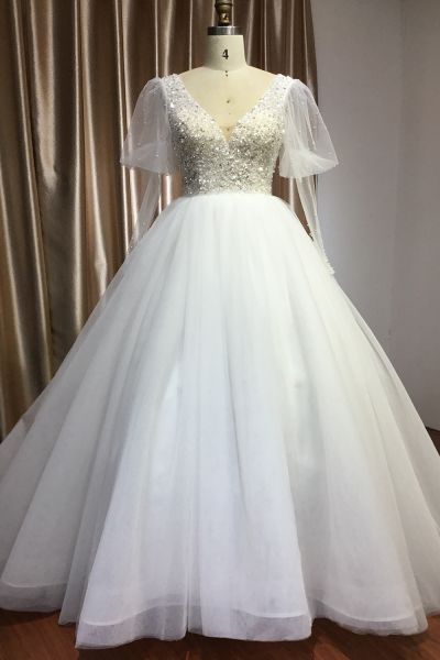 A-line V-neck Long Sleeves Cathedral Train Tulle Wedding Gown With Lace