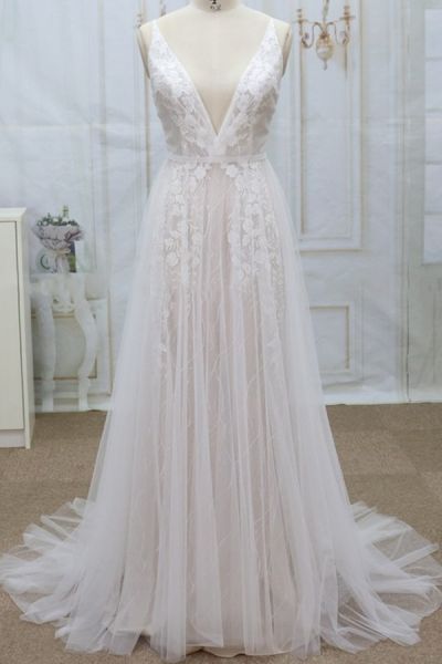 A-line V-neck Sleeveless Chapel Train Lace Bridal Attire With Appliques