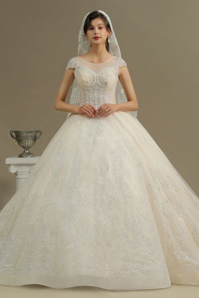 A-line Jewel Neck Sleeveless Cathedral Train Tulle Bridal Gown With Lace