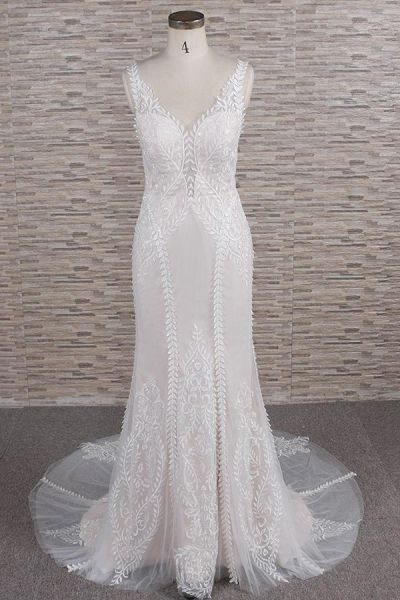 Mermaid V-neck Sleeveless Court Train Tulle Wedding Dress With Appliques