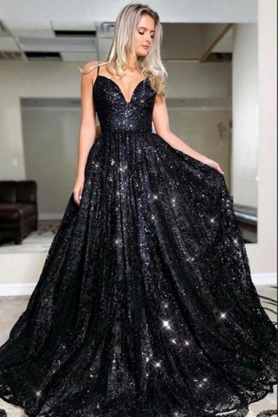 A-line Spaghetti Straps Sleeveless Floor-length Formal Dress With Sequins