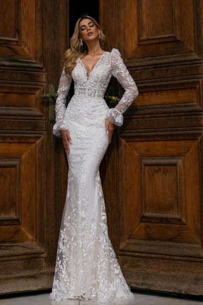 Aurelia Illusion Floral Lace Long Sleeve Mermaid Gown