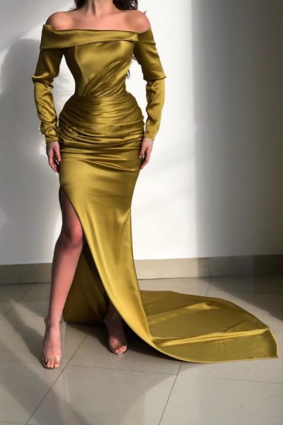 Mermaid Off-the-shoulder Long Sleeves Floor-length Stretch Satin Formal Wear With Ruffles