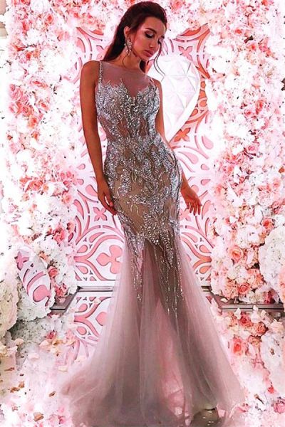 Mermaid Sleeveless Sweep / Brush Train Tulle Evening Dress With Beading