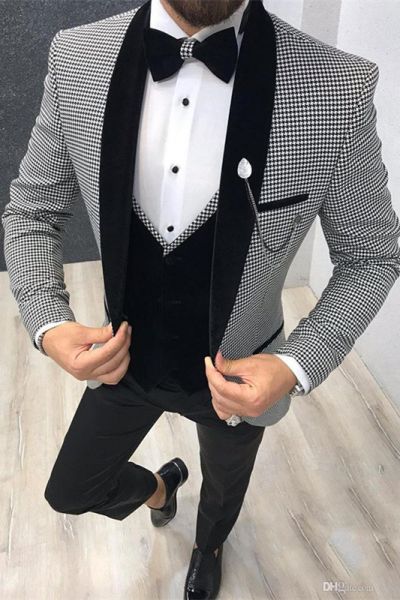 Black Houndstooth Three Pieces Shawl Lapel Men's Suit