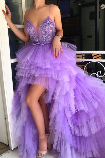Plunging Neckline Sleeveless Hi-Lo Tulle Prom Dress With Pearls