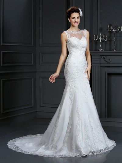 Column Sleeveless Court Train Satin Wedding Gown With Appliques