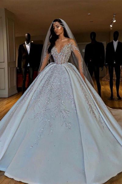 Ball Gown Jewel Neck Long Sleeves Cathedral Train Lace Wedding Gown With Crystal