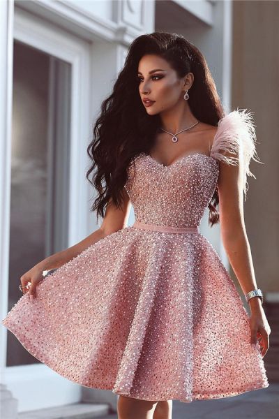 A-line Sweetheart Neck Cap Sleeves Mini Cocktail Party Dress With Beading