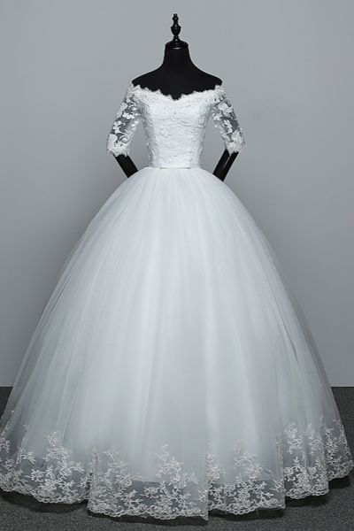 A-line Half-Sleeves Floor-length Tulle Bridal Gown With Lace