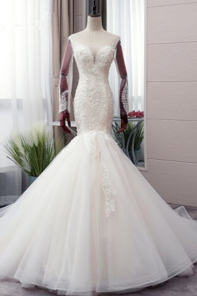 Mermaid Jewel Neck Long Sleeves Floor-length Tulle Wedding Dress With Lace