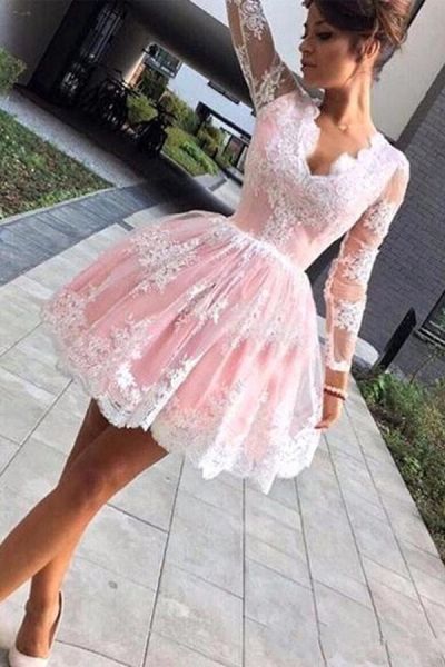 A-line V-neck Long Sleeves Mini Tulle Cocktail Party Gown With Lace