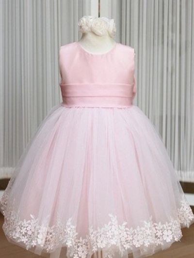 A-line High Neck Sleeveless Floor-length Tulle Flower Girl Dress With Bow