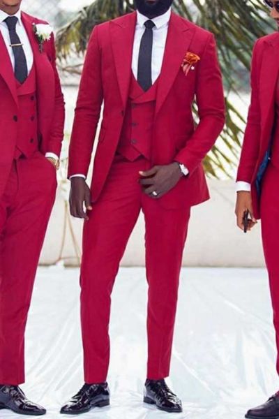 Red Slim Fit Peaked Lapel Wedding Suit with 3 Pieces
