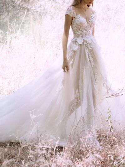 A-line V-neck Cap Sleeves Court Train Tulle Wedding Dress With Lace