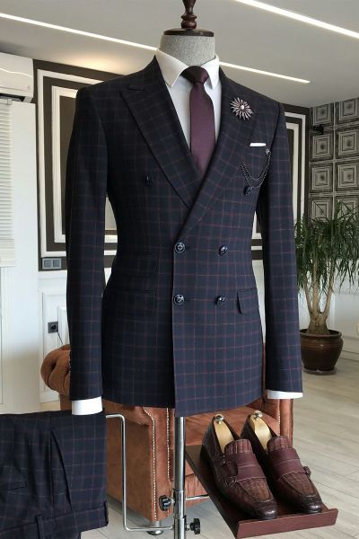 Black Plaid Double Breasted 3 Flaps Business Suit