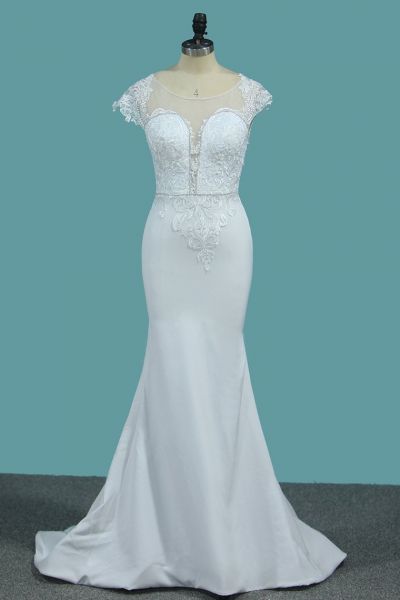 Mermaid Jewel Neck Sleeveless Floor-length Satin Wedding Dress With Appliques