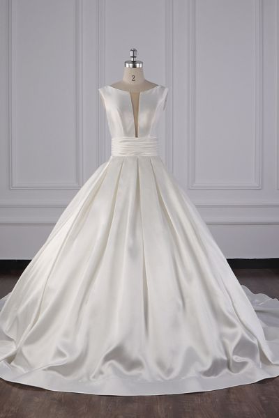 Ball Gown V-neck Jewel Neck Sleeveless Floor-length Satin Bridal Attire With Ruffles