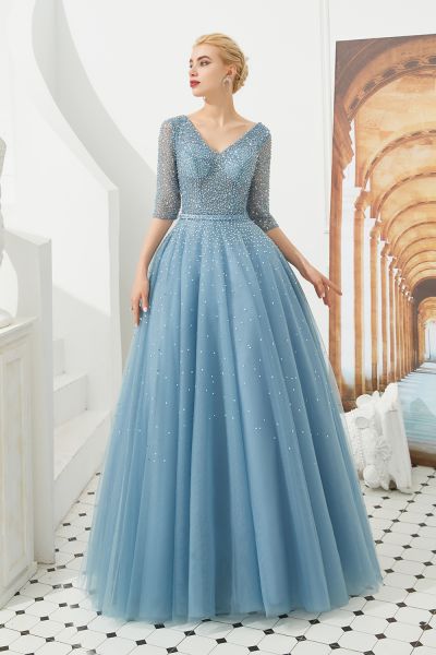 V-neck Half-Sleeves Sweep / Brush Train Tulle Formal Wear With Sequins