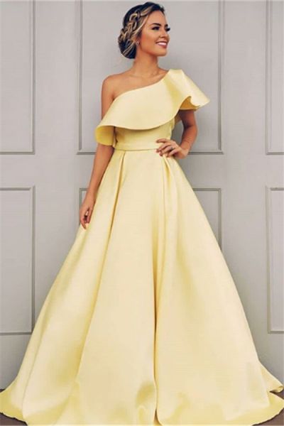 A-line One Shoulder Sleeveless Floor-length Evening Dress With Sweep / Brush Train