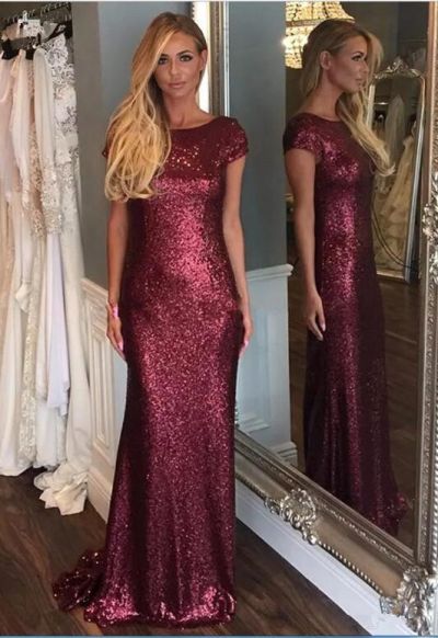 Sweep Train Sequins Formal Dress  Zipper Short Sleeve Sparkling 2026 Evening Dress