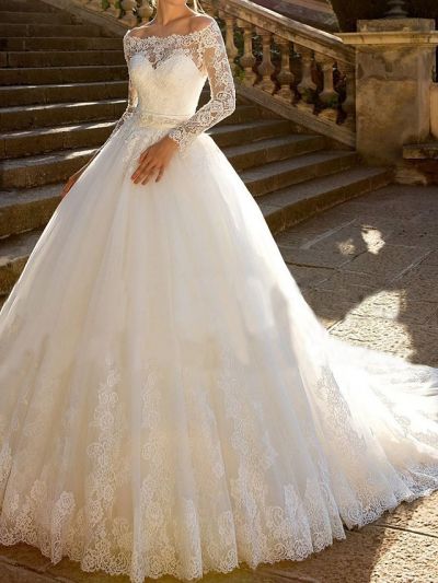 Ball Gown Long Sleeves Chapel Train Tulle Bridal Gown With Ribbons