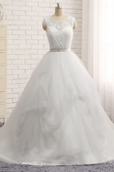 A-line V-neck Jewel Neck Sleeveless Court Train Tulle Wedding Gown With Lace