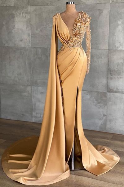 Mermaid V-neck Long Sleeves Floor-length Satin Evening Gown With Crystal