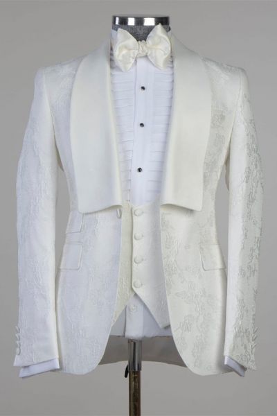 White Jacquard Shawl Lapel Wedding Men Suit