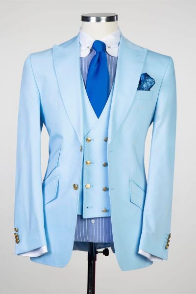Sky Blue Three Pieces Slim Fit Men Suit with Peaked Lapel
