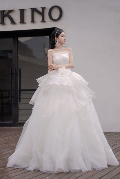 Ball Gown Strapless Sleeveless Floor-length Satin Bridal Gown With Cascading Ruffle