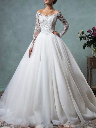 A-line Long Sleeves Floor-length Tulle Bridal Dress With Buttons