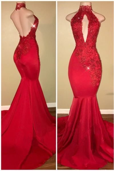 Mermaid Halter-neck Sleeveless Sweep / Brush Train Evening Dress With Lace